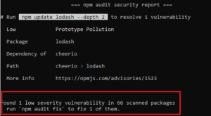 If the report reveals security vulnerabilities are existing, simply run npm audit fix to implement the compatible updates automatically